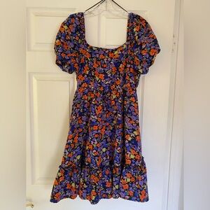 Umgee Vibrant Moody Floral Puff Sleeve Smocked Ruffle Tiered Mini Dress - Sz M